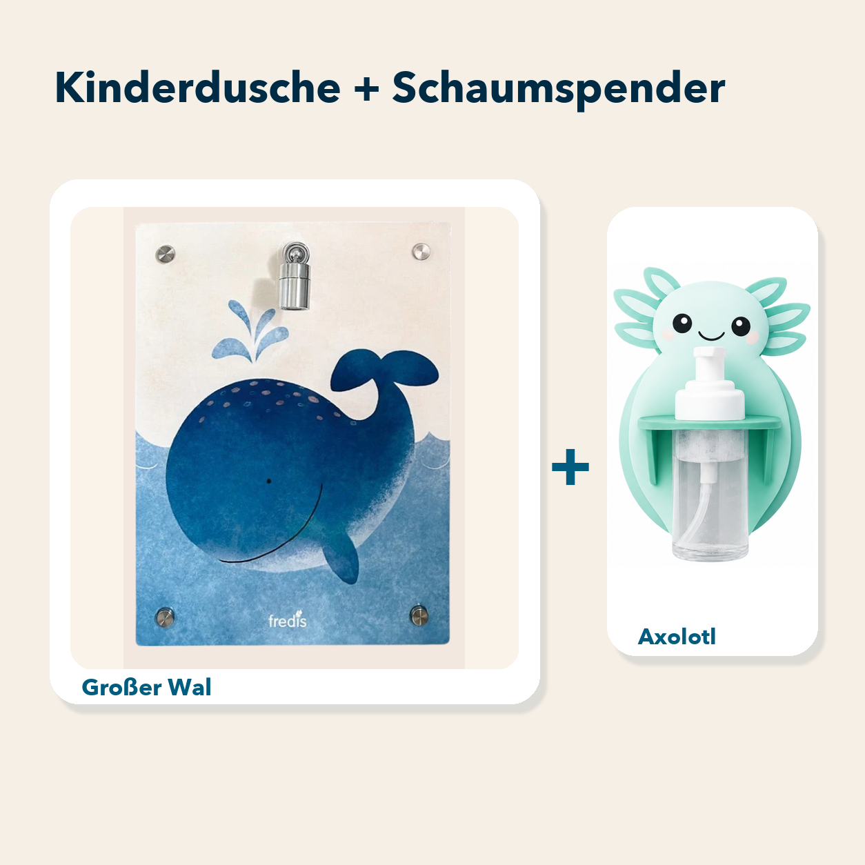 Kinderdusche + Einzel-Schaumspender: Großer Wal und Axolotl