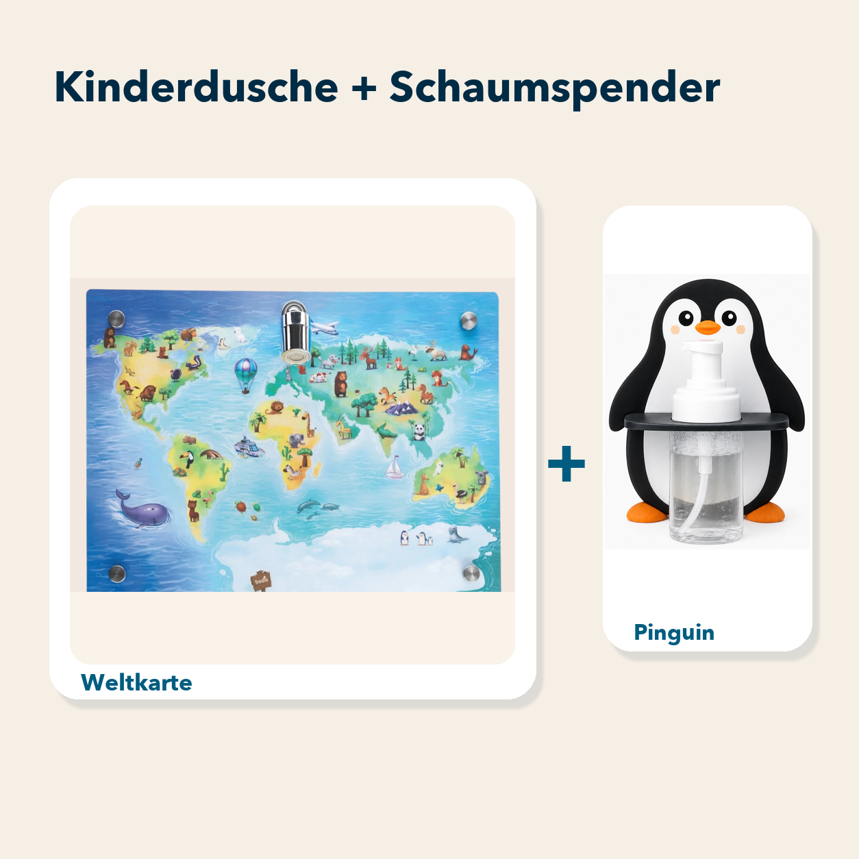 Kinderdusche + Einzel-Schaumspender: Weltkarte und Pinguin