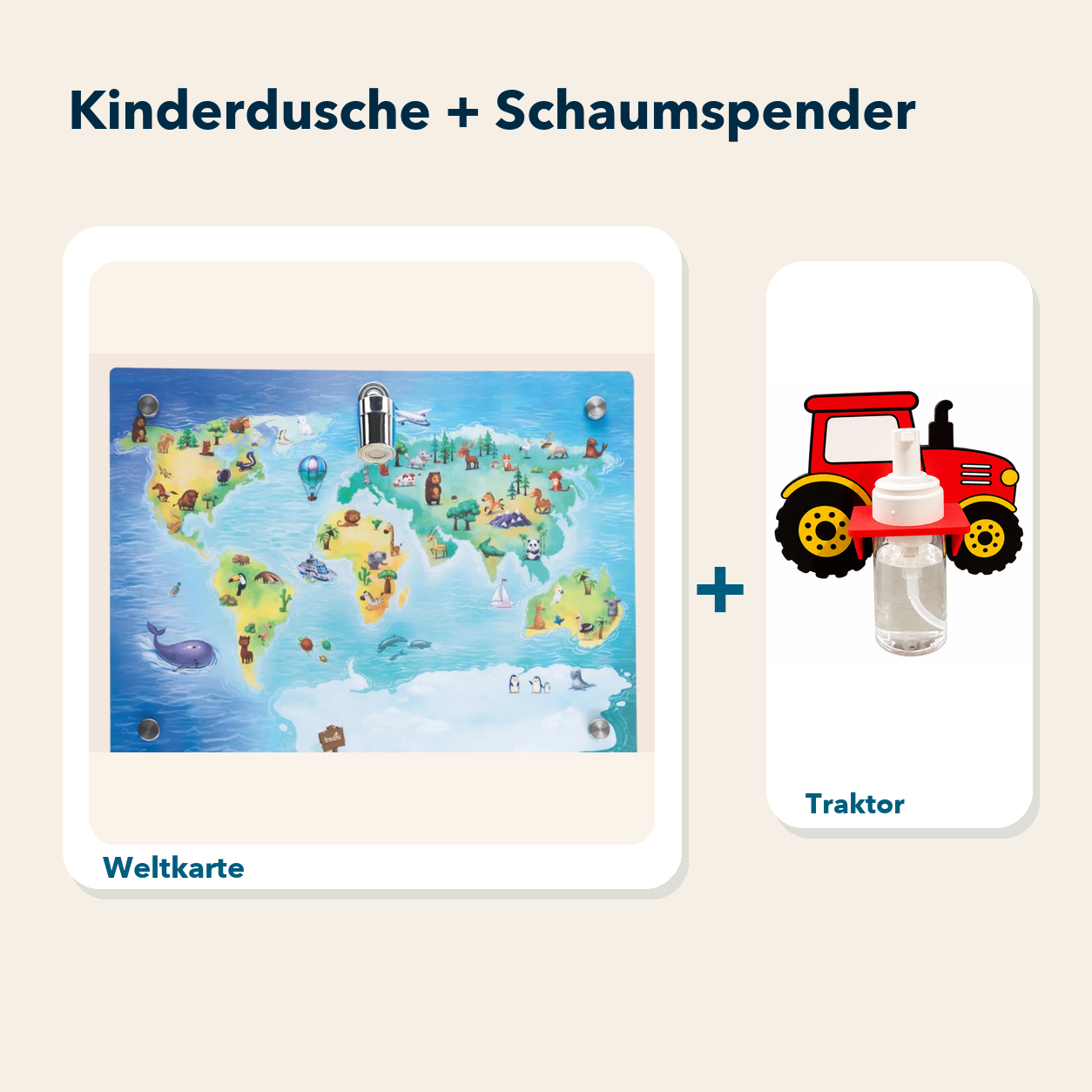 Kinderdusche + Schaumspender: Weltkarte und Traktor