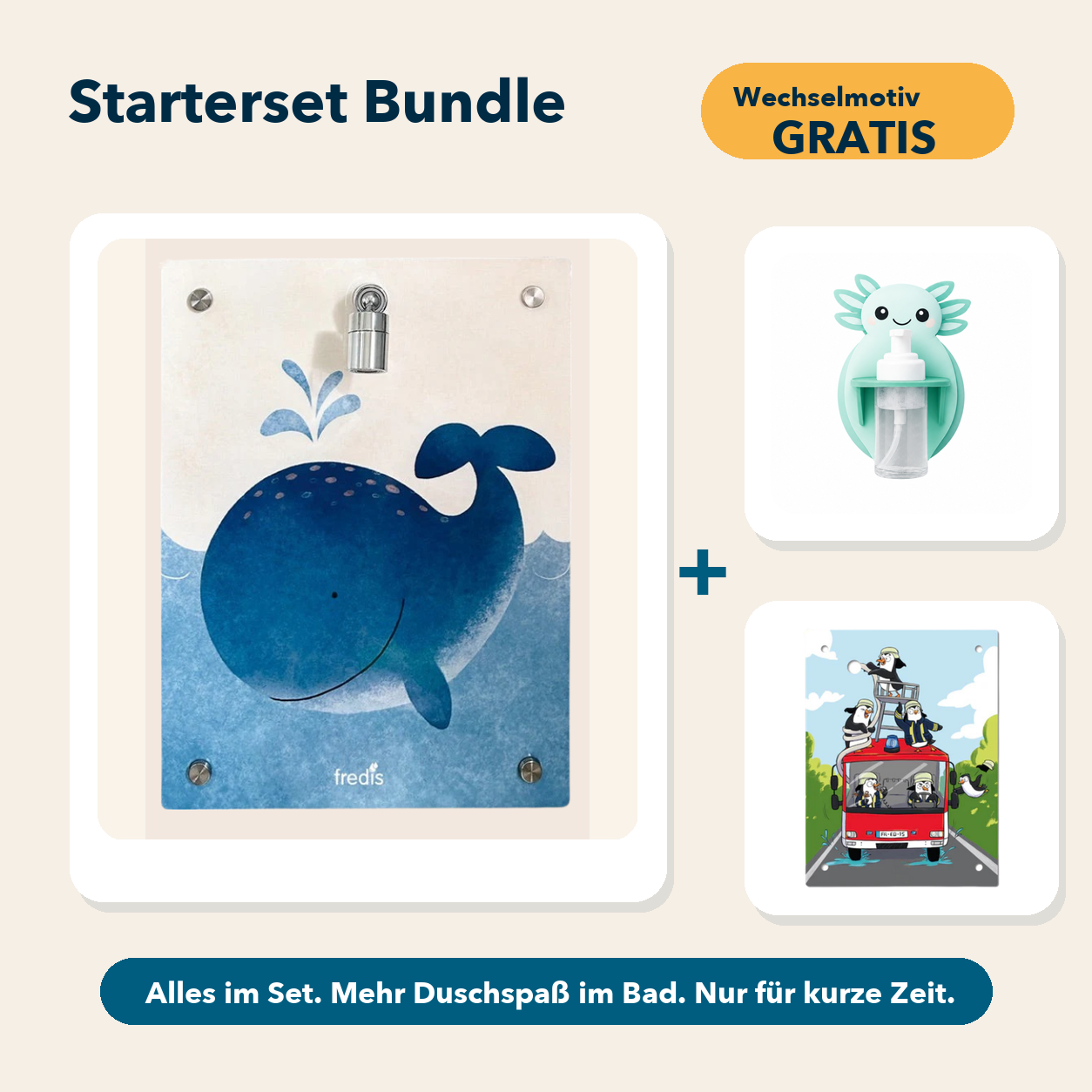 Starterset Bundle: Großer Wal, Axolotl-Schaumspender und Wechselmotiv Feuerwehr