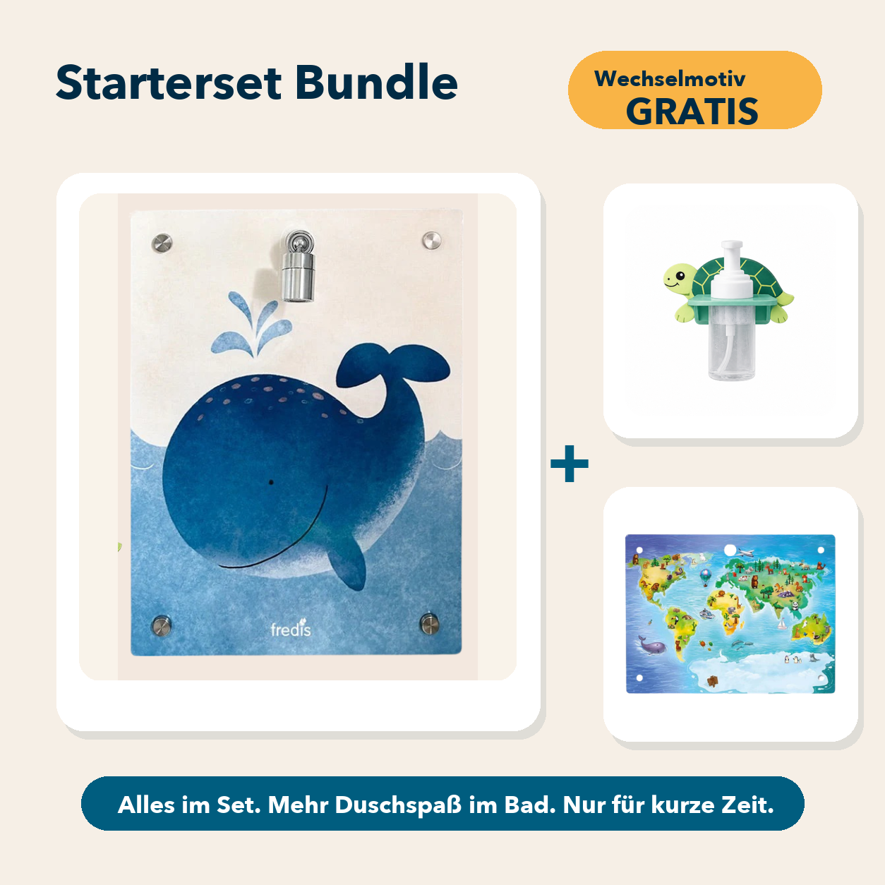 Starterset Bundle: Großer Wal, Schildkröte-Schaumspender und Wechselmotiv Weltkarte