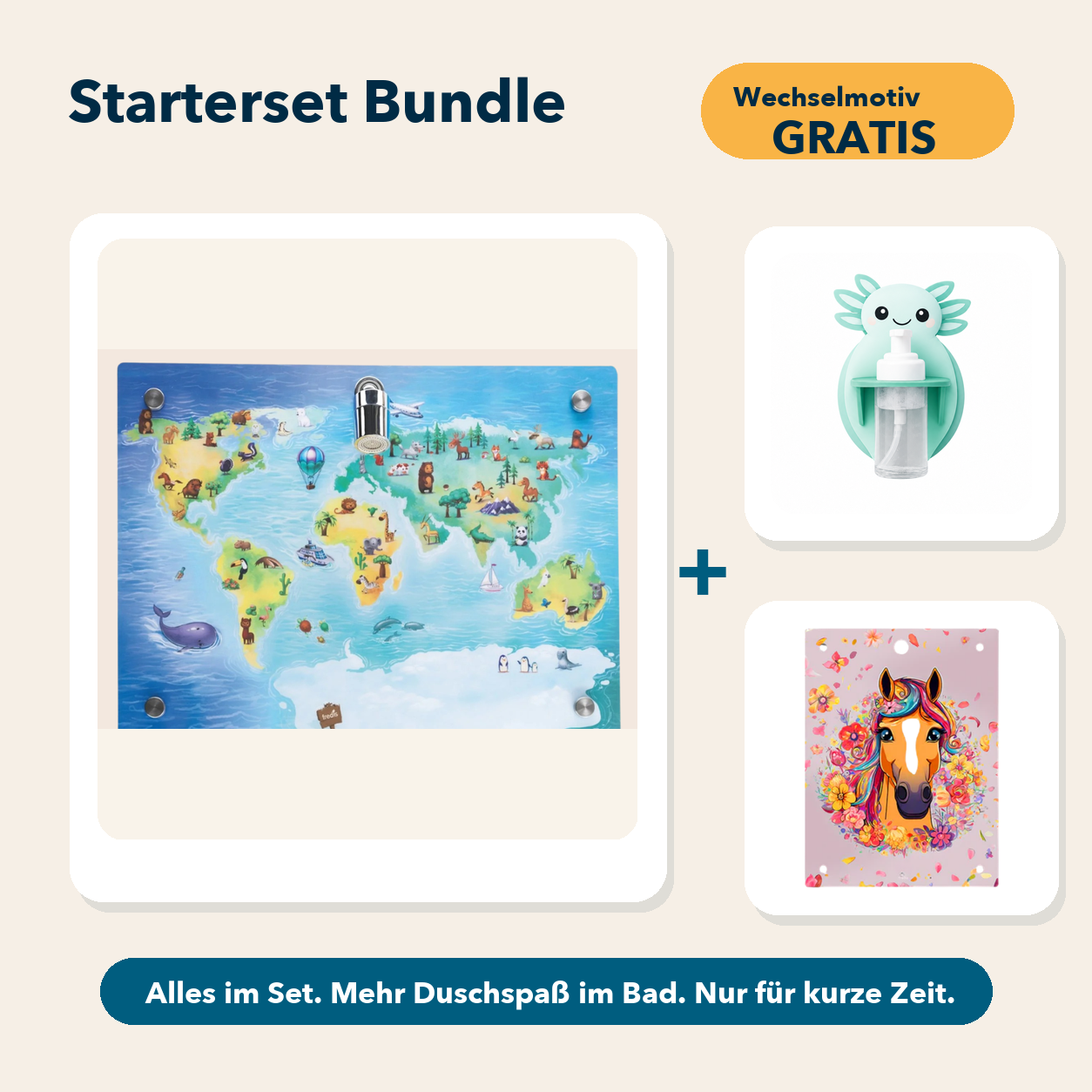 Starterset Bundle: Weltkarte, Axolotl-Schaumspender und Wechselmotiv Pferd