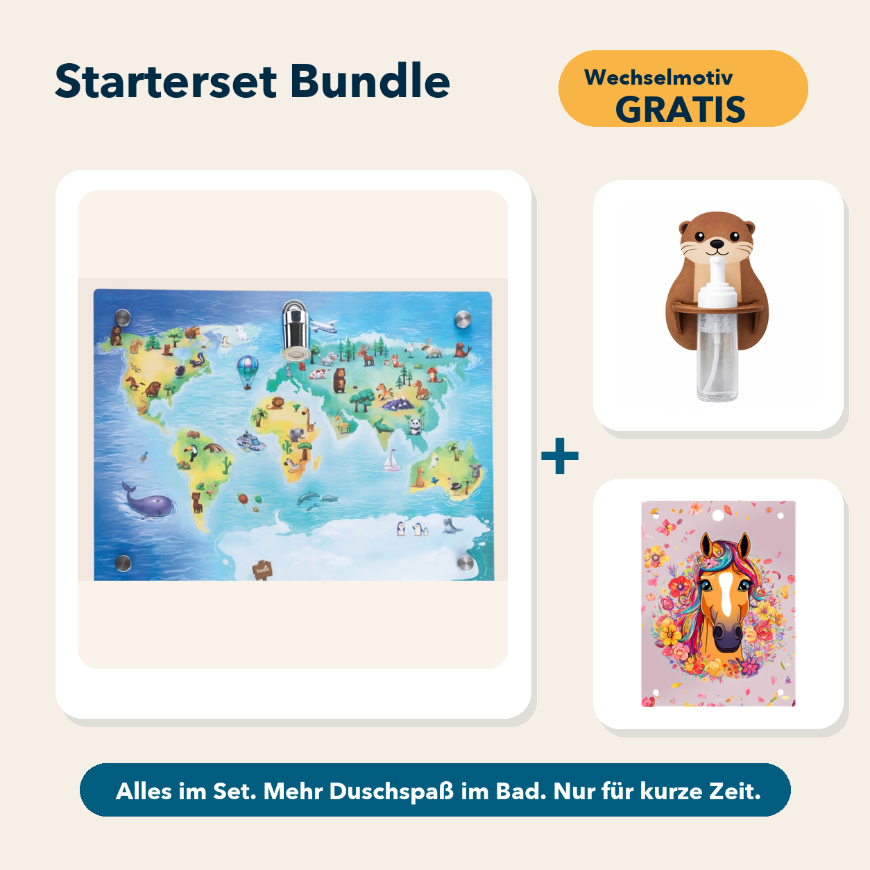 Starterset Bundle: Weltkarte, Otter-Schaumspender und Wechselmotiv Pferd