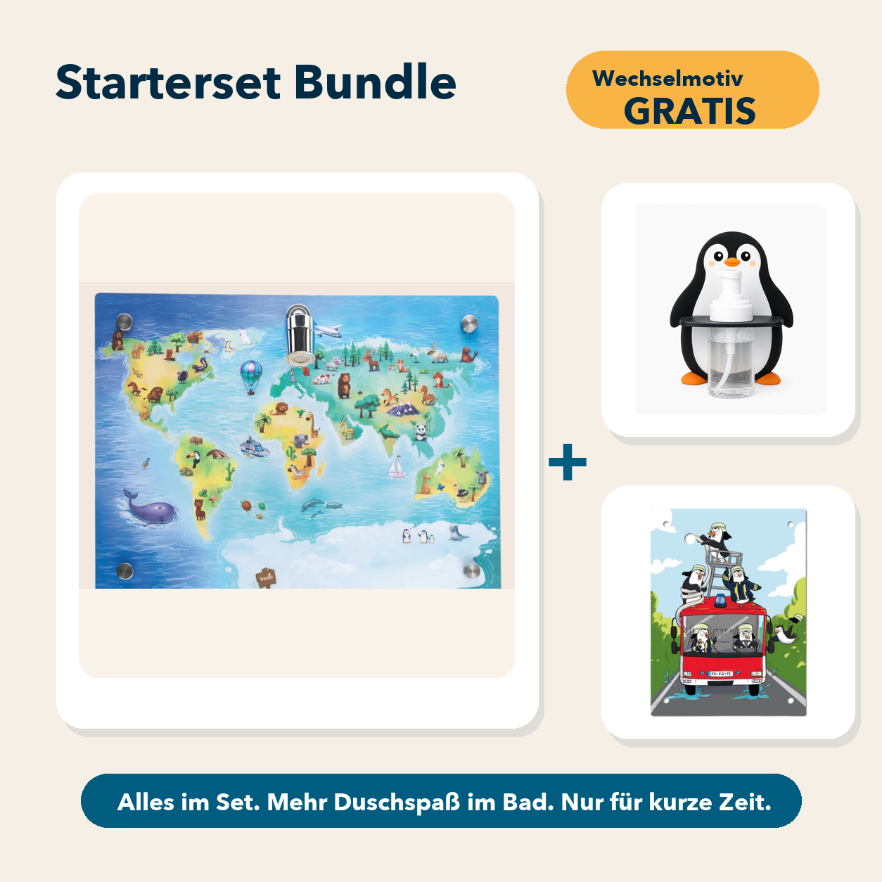 Starterset Bundle: Weltkarte, Pinguin-Schaumspender und Wechselmotiv Feuerwehr