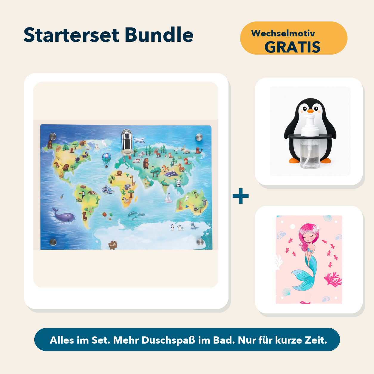 Starterset Bundle: Weltkarte, Pinguin-Schaumspender und Wechselmotiv Meerjungfrau