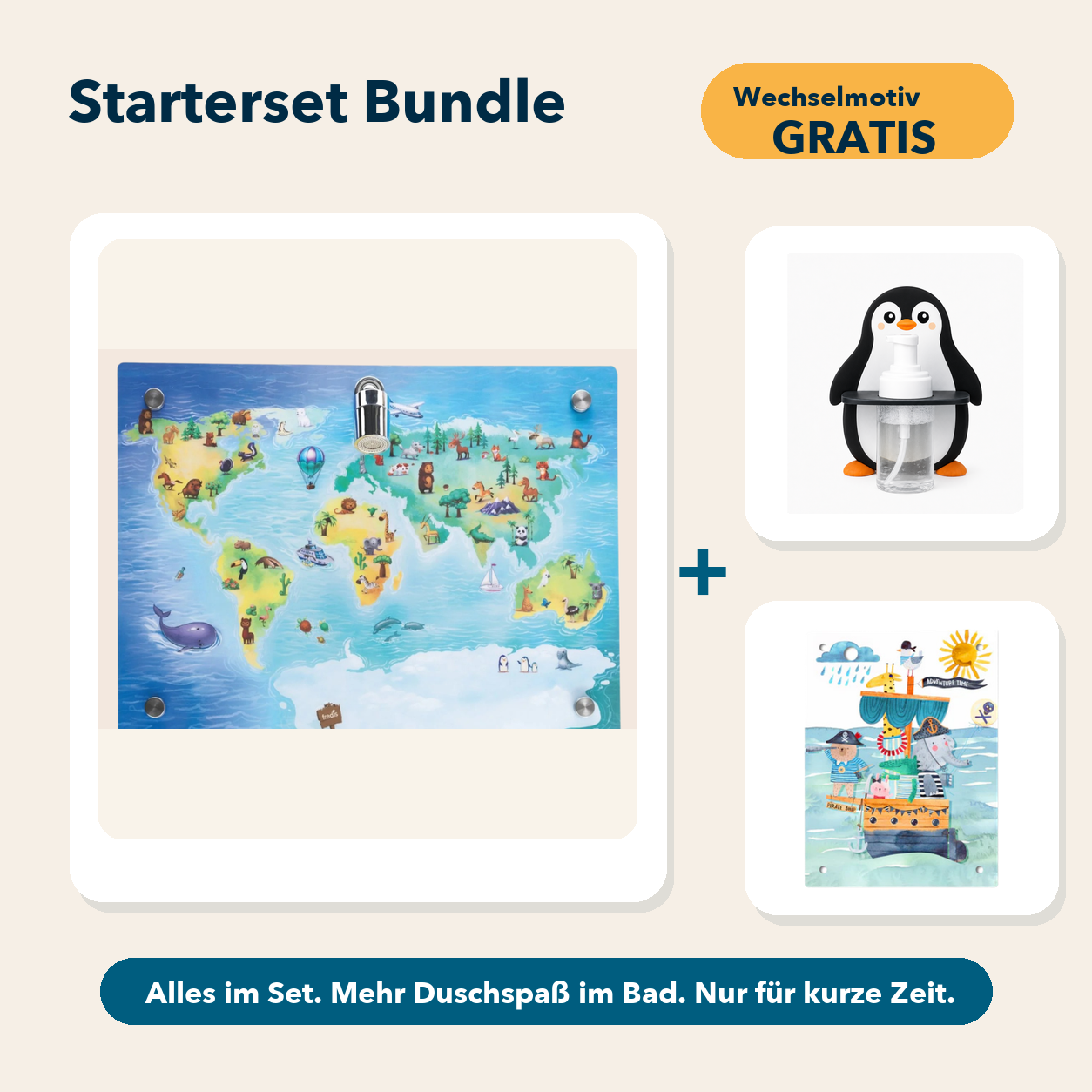 Starterset Bundle: Weltkarte, Pinguin-Schaumspender und Wechselmotiv Piratenschiff