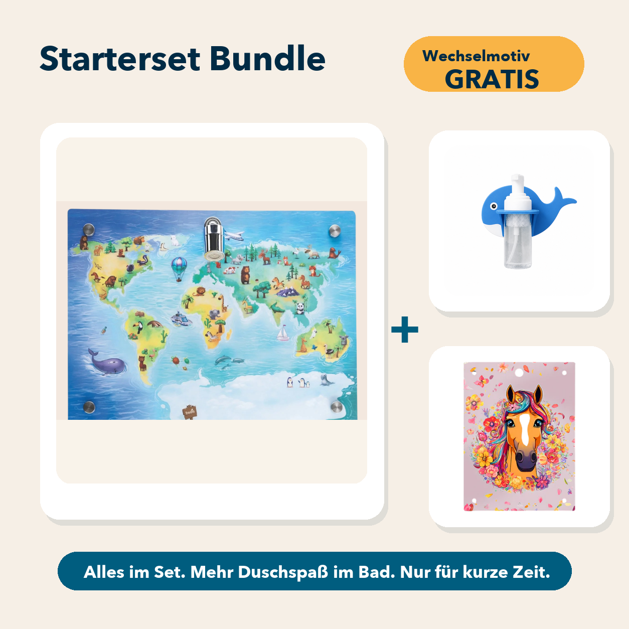 Starterset Bundle: Weltkarte, Wal-Schaumspender und Wechselmotiv Pferd
