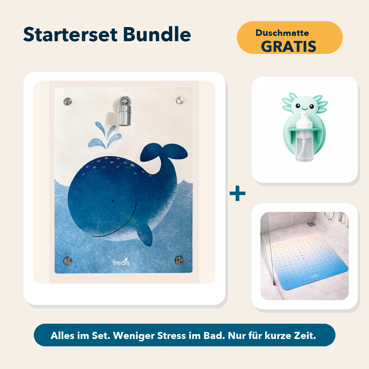 Starterset Bundle: Großer Wal, Axolotl-Schaumspender und Duschmatte Am Strand