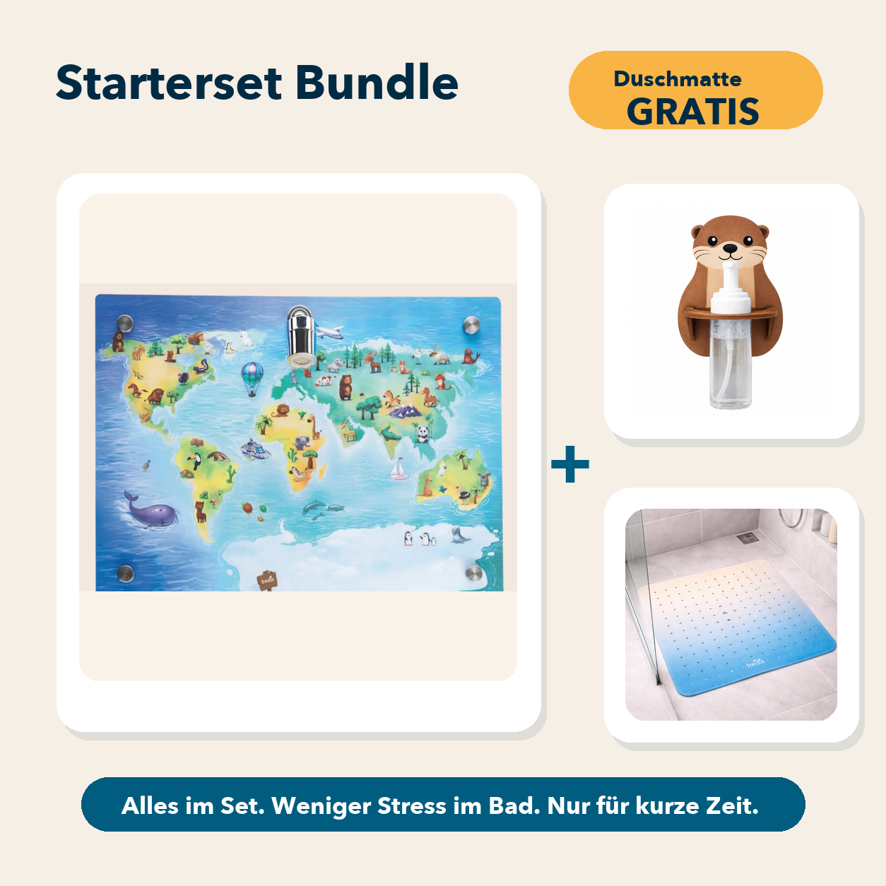Starterset Bundle: Weltkarte, Otter-Schaumspender und Duschmatte Am Strand