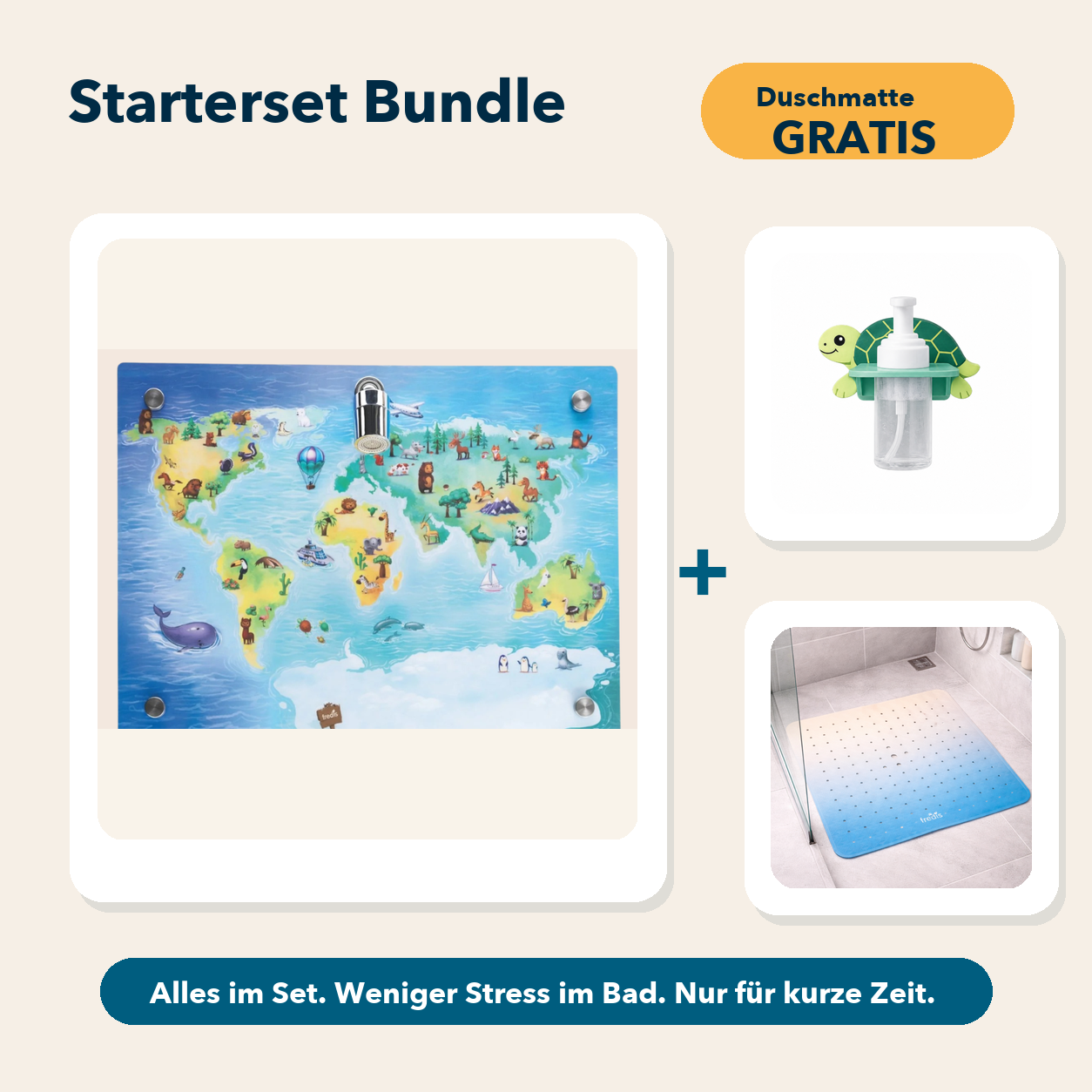 Starterset Bundle: Weltkarte, Schildkröte-Schaumspender und Duschmatte Am Strand