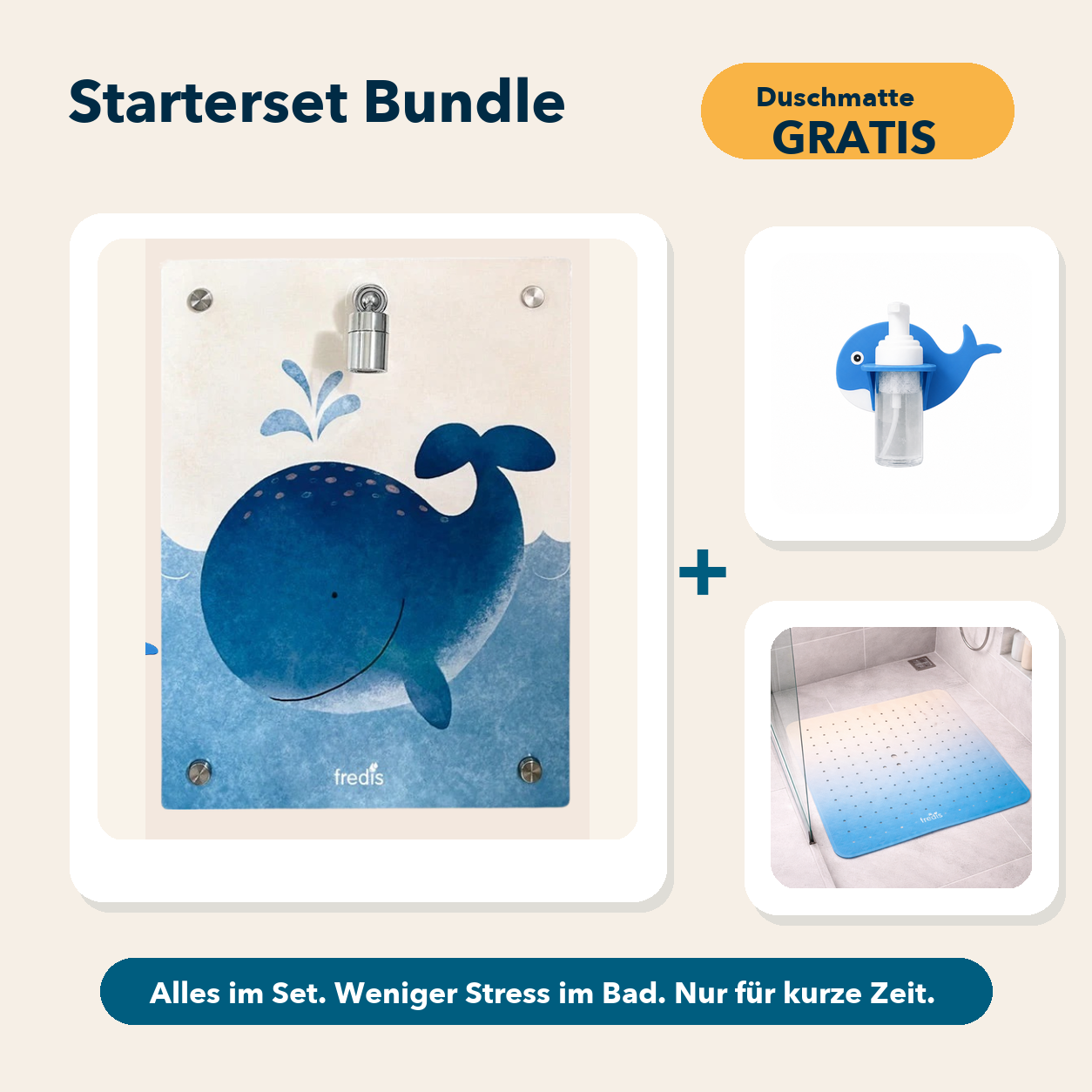 Starterset Bundle: Großer Wal, Wal-Schaumspender und Duschmatte Am Strand