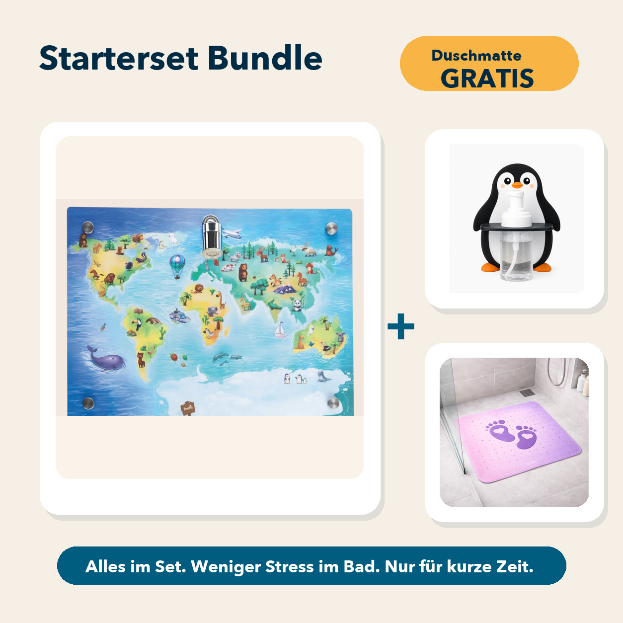 Starterset Bundle: Weltkarte, Pinguin-Schaumspender und Duschmatte Pink Beach