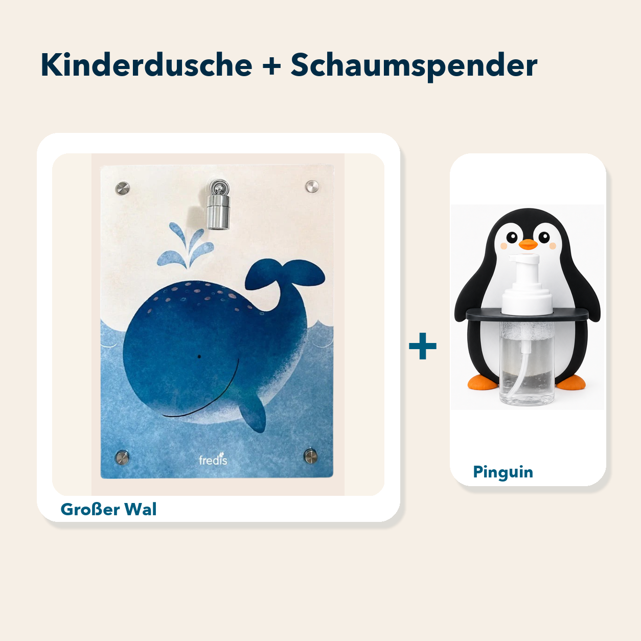 Kinderdusche + Einzel-Schaumspender: Großer Wal und Pinguin
