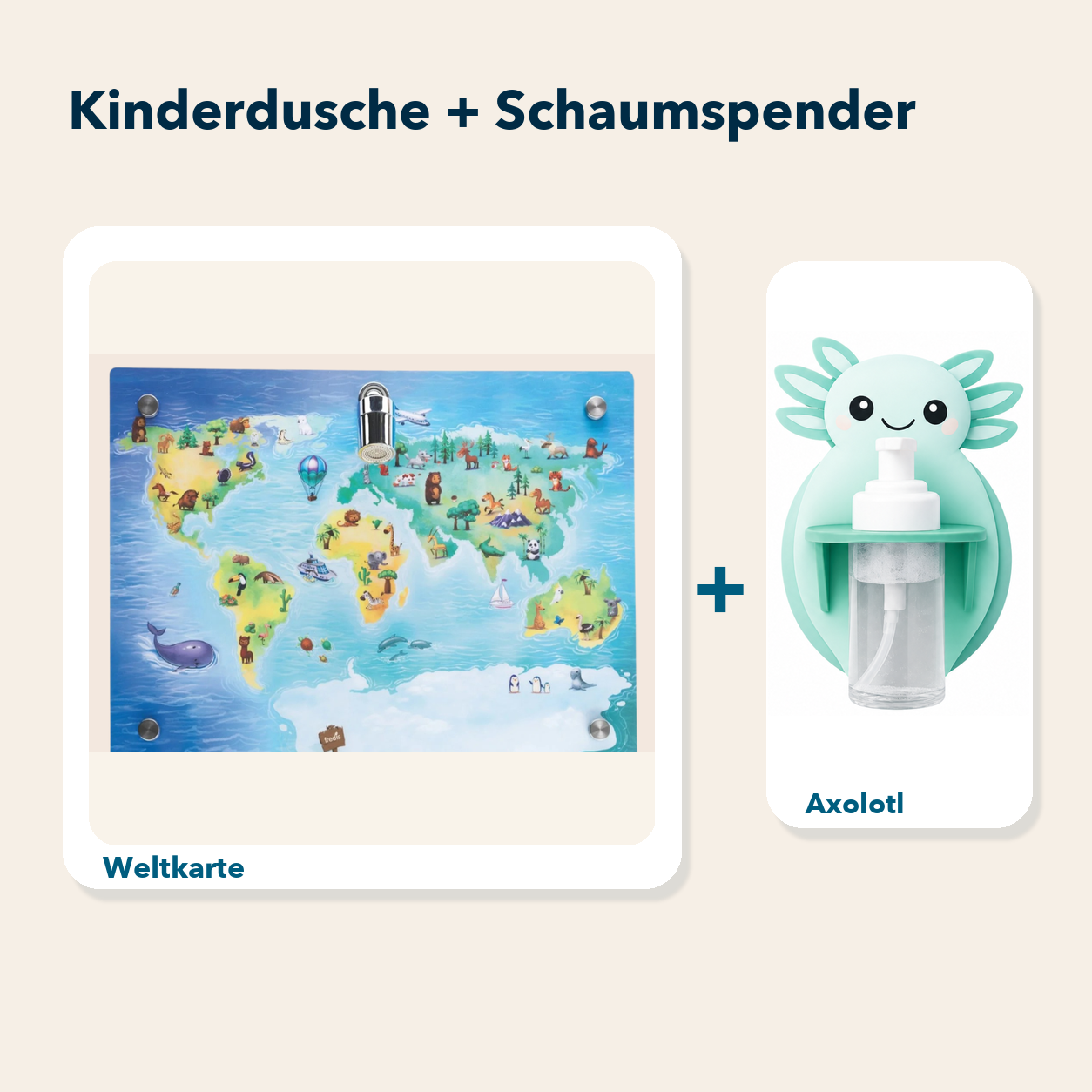 Kinderdusche + Einzel-Schaumspender: Weltkarte und Axolotl