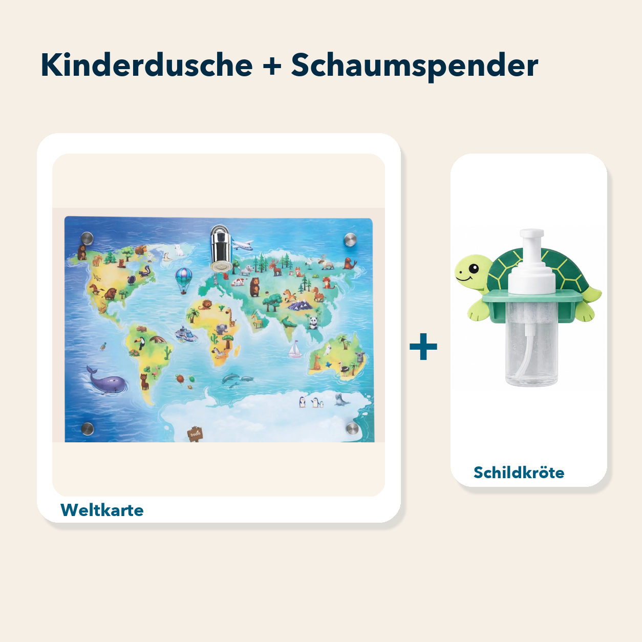 Kinderdusche + Einzel-Schaumspender: Weltkarte und Schildkröte