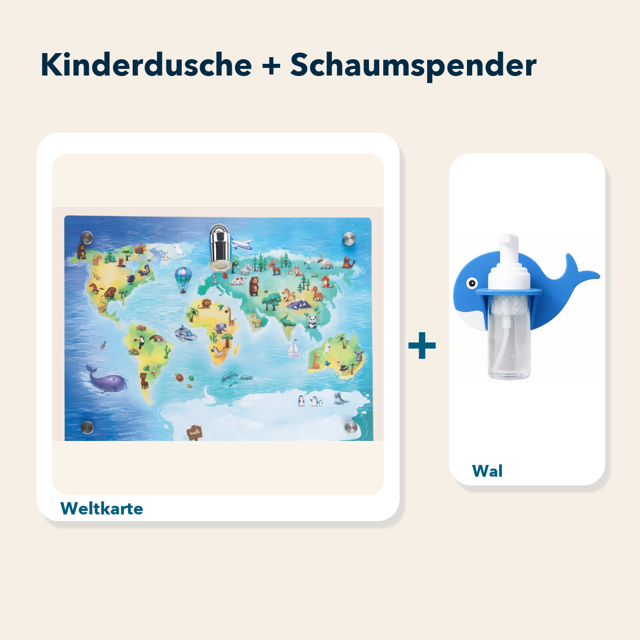 Kinderdusche + Einzel-Schaumspender: Weltkarte und Wal