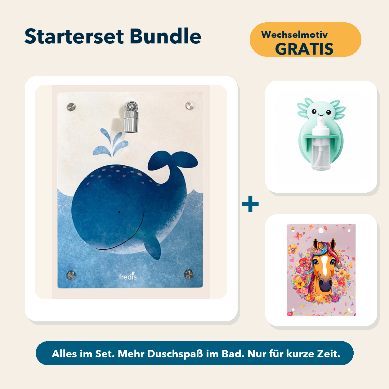 Starterset Bundle: Großer Wal, Axolotl-Schaumspender und Wechselmotiv Pferd