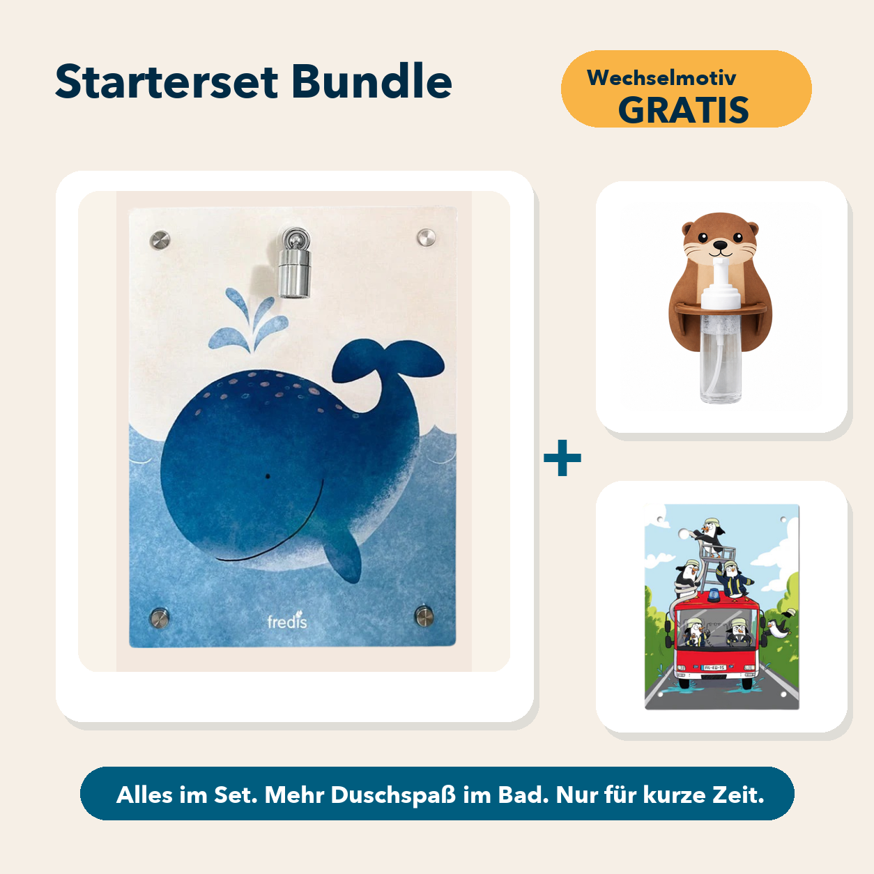 Starterset Bundle: Großer Wal, Otter-Schaumspender und Wechselmotiv Feuerwehr