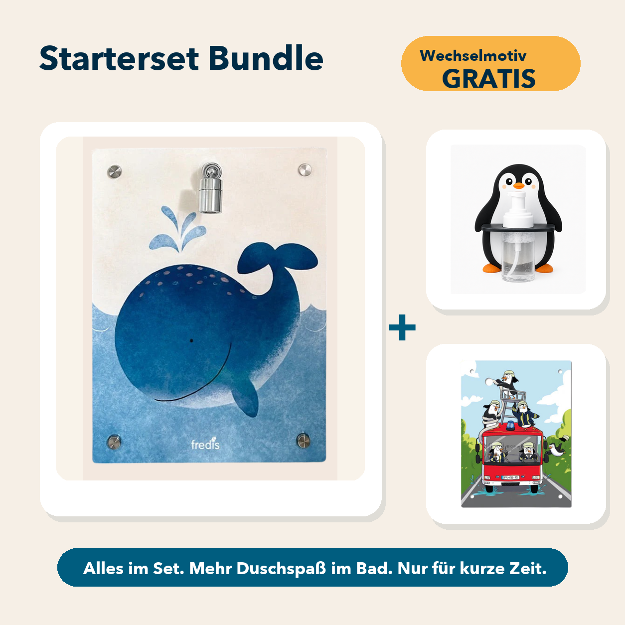 Starterset Bundle: Großer Wal, Pinguin-Schaumspender und Wechselmotiv Feuerwehr