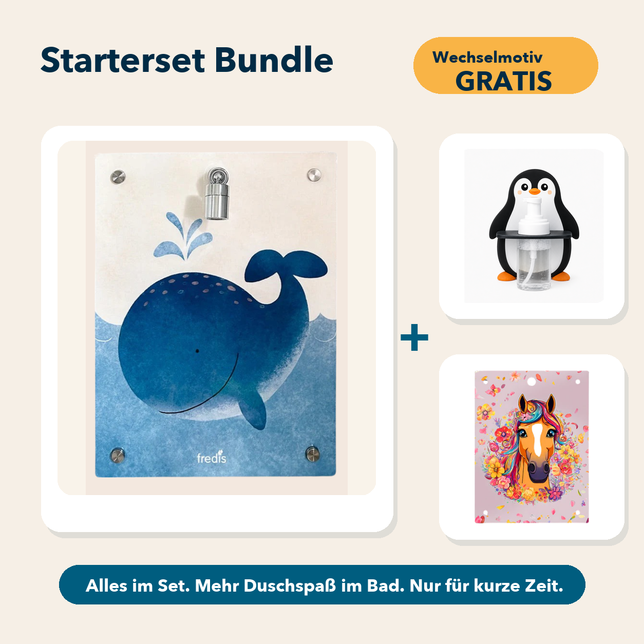 Starterset Bundle: Großer Wal, Pinguin-Schaumspender und Wechselmotiv Pferd