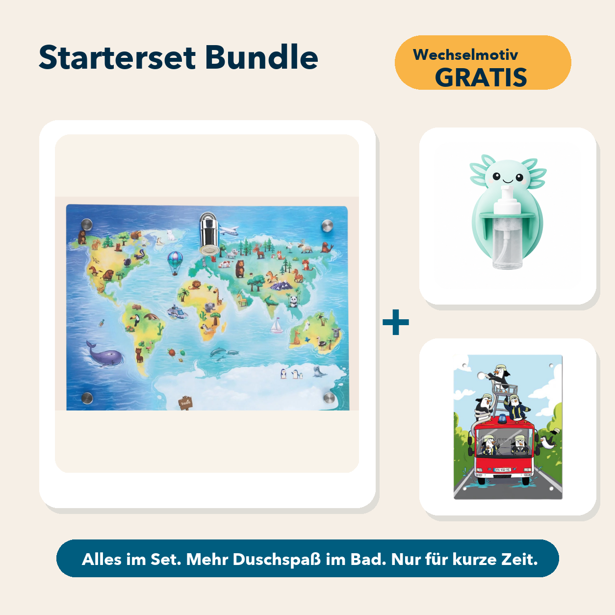Starterset Bundle: Weltkarte, Axolotl-Schaumspender und Wechselmotiv Feuerwehr