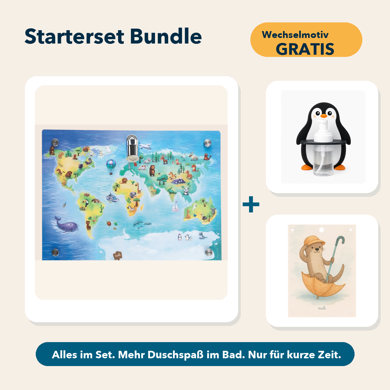 Starterset Bundle: Weltkarte, Pinguin-Schaumspender und Wechselmotiv fredi