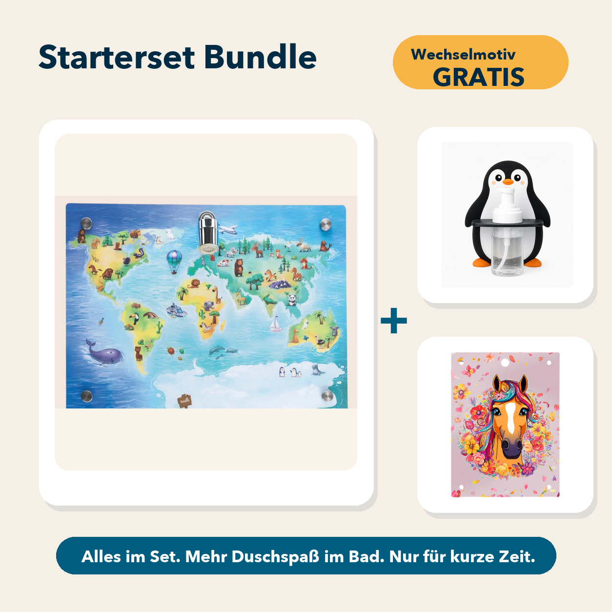 Starterset Bundle: Weltkarte, Pinguin-Schaumspender und Wechselmotiv Pferd