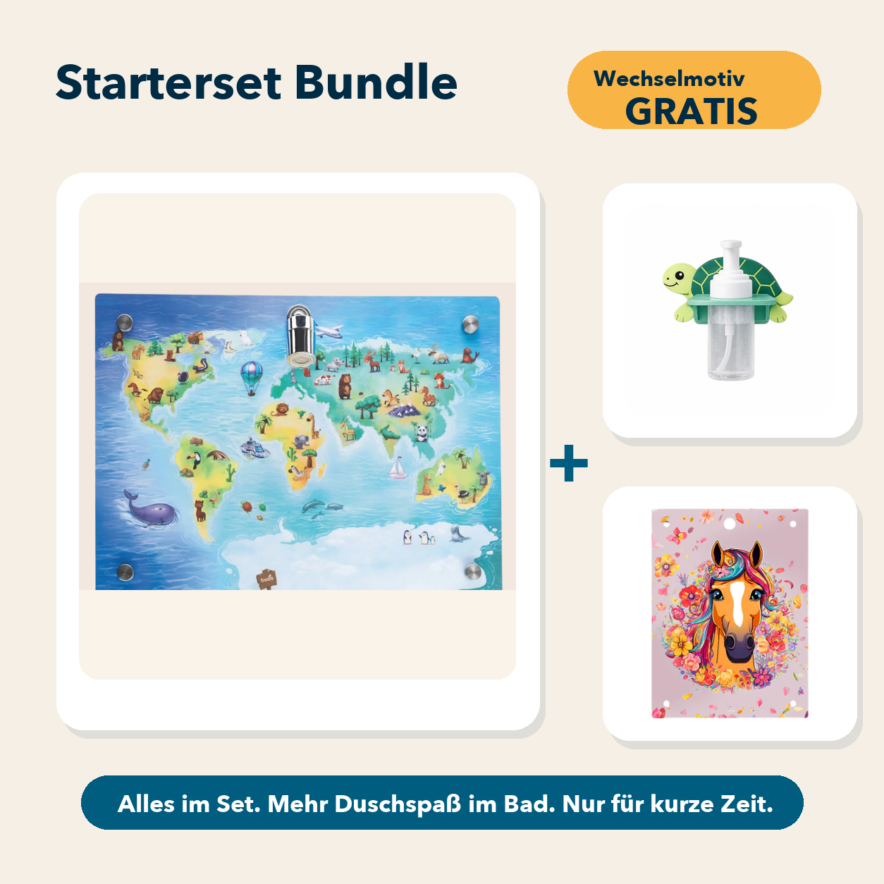 Starterset Bundle: Weltkarte, Schildkröte-Schaumspender und Wechselmotiv Pferd