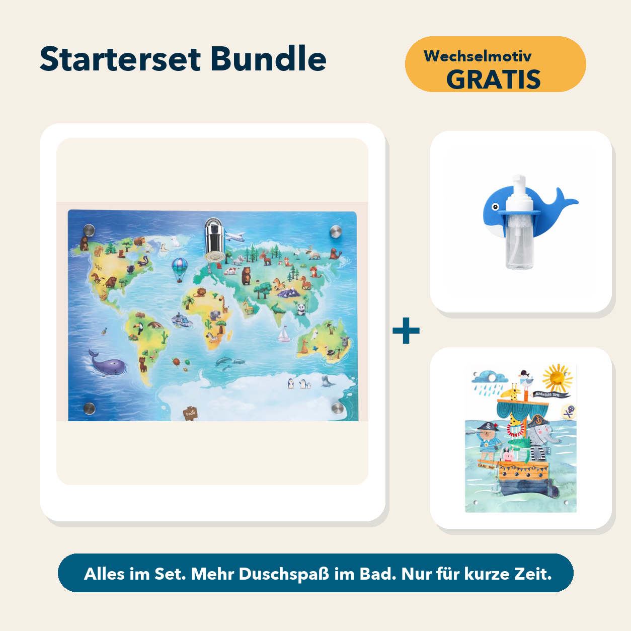 Starterset Bundle: Weltkarte, Wal-Schaumspender und Wechselmotiv Piratenschiff