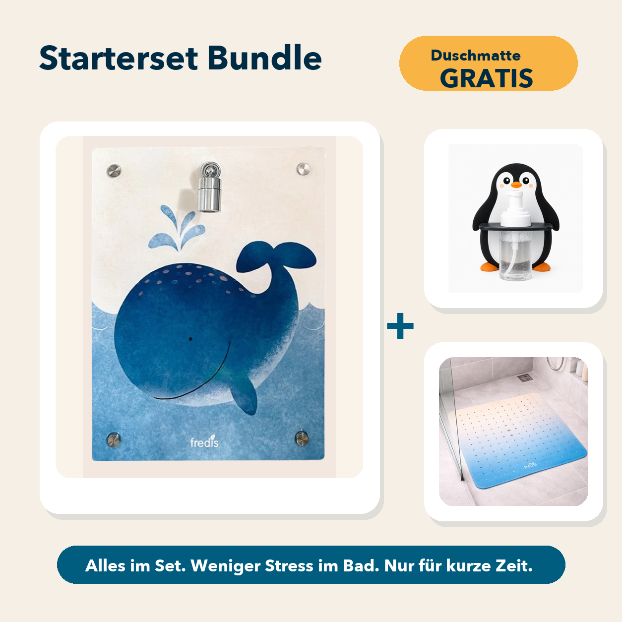 Starterset Bundle: Großer Wal, Pinguin-Schaumspender und Duschmatte Am Strand