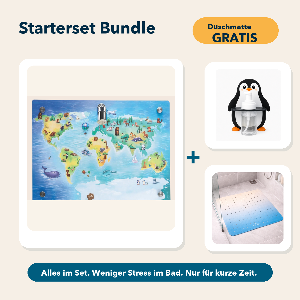 Starterset Bundle: Weltkarte, Pinguin-Schaumspender und Duschmatte Am Strand
