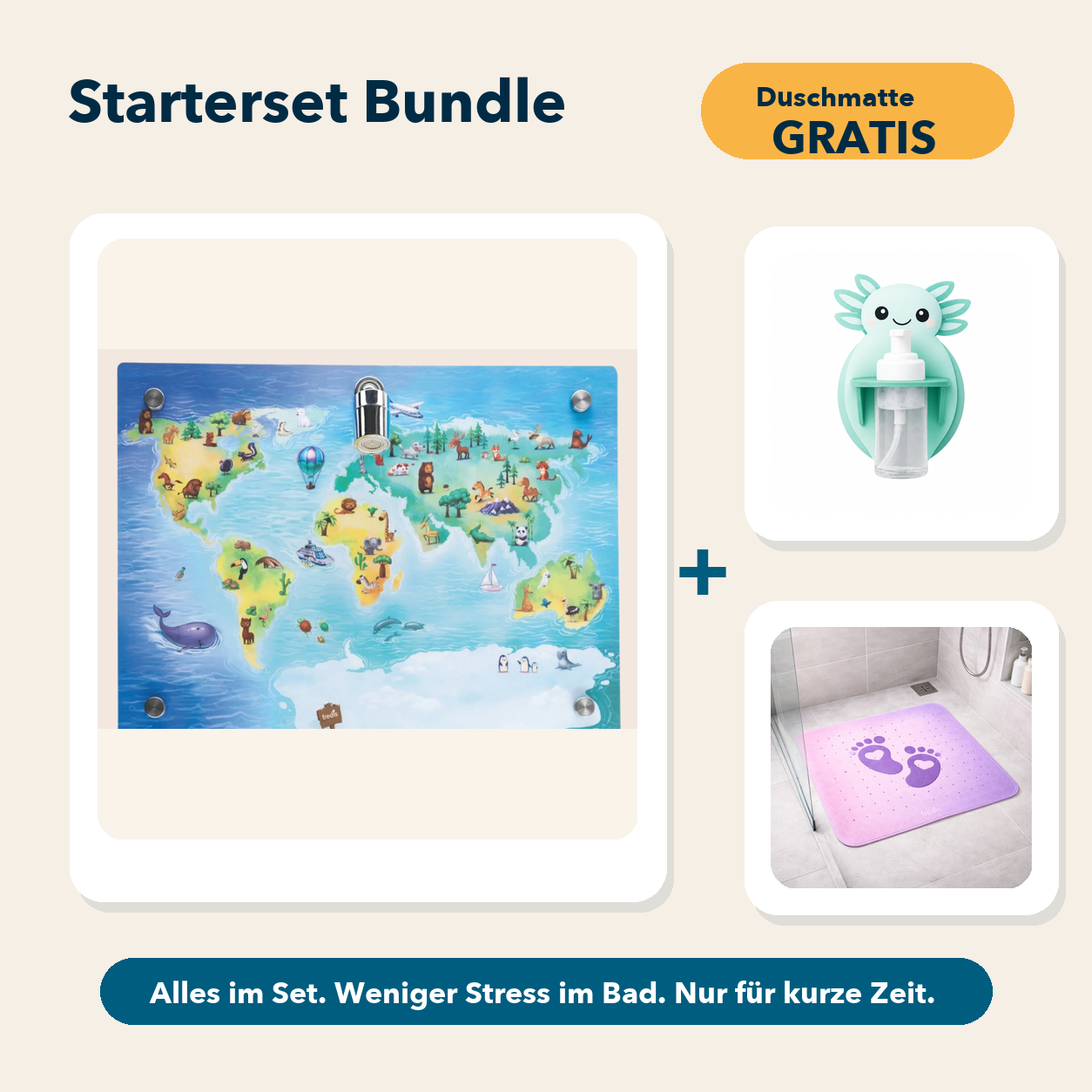 Starterset Bundle: Weltkarte, Axolotl-Schaumspender und Duschmatte Pink Beach