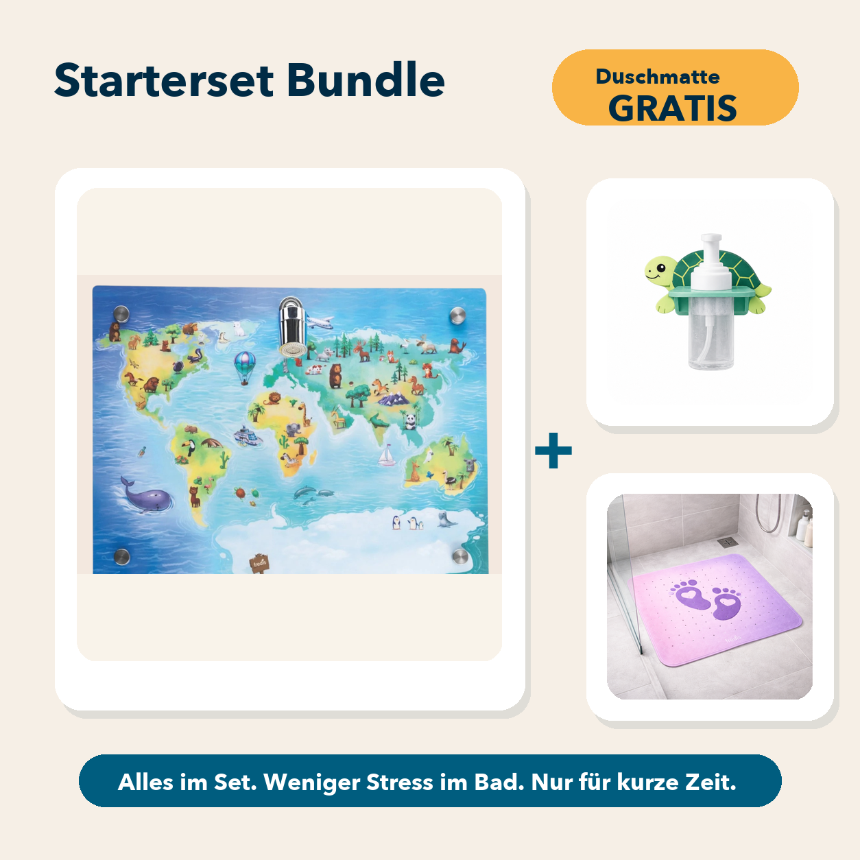 Starterset Bundle: Weltkarte, Schildkröte-Schaumspender und Duschmatte Pink Beach
