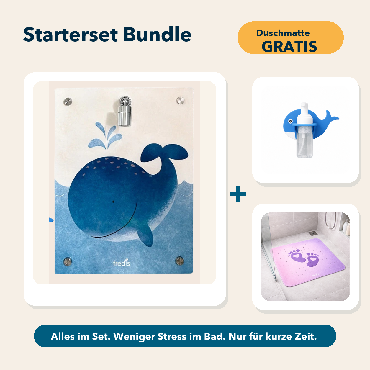 Starterset Bundle: Großer Wal, Wal-Schaumspender und Duschmatte Pink Beach