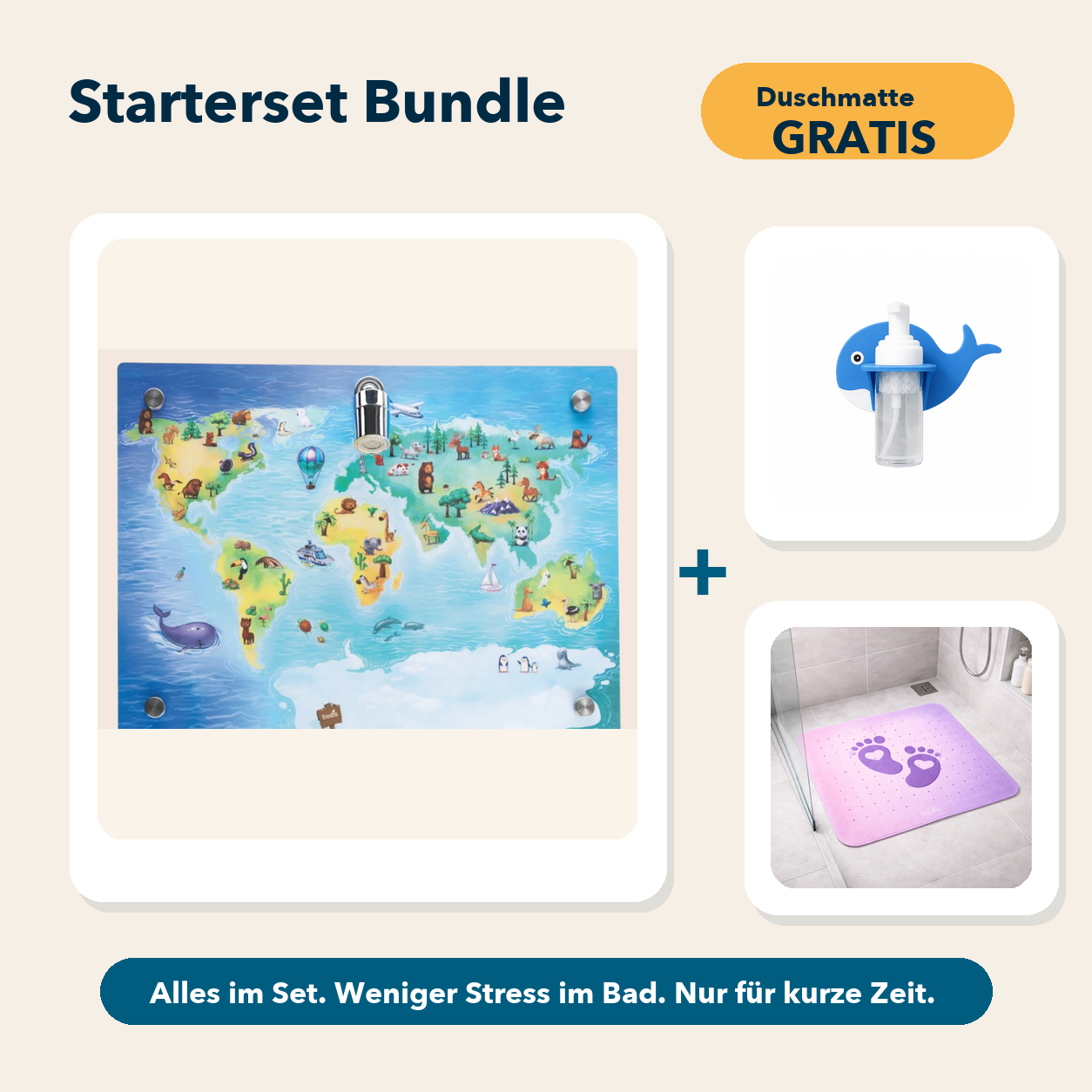 Starterset Bundle: Weltkarte, Wal-Schaumspender und Duschmatte Pink Beach