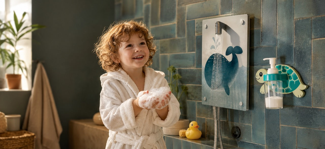 Kind mit fredis Kinderdusche und neuem Schaumspender im Badezimmer
