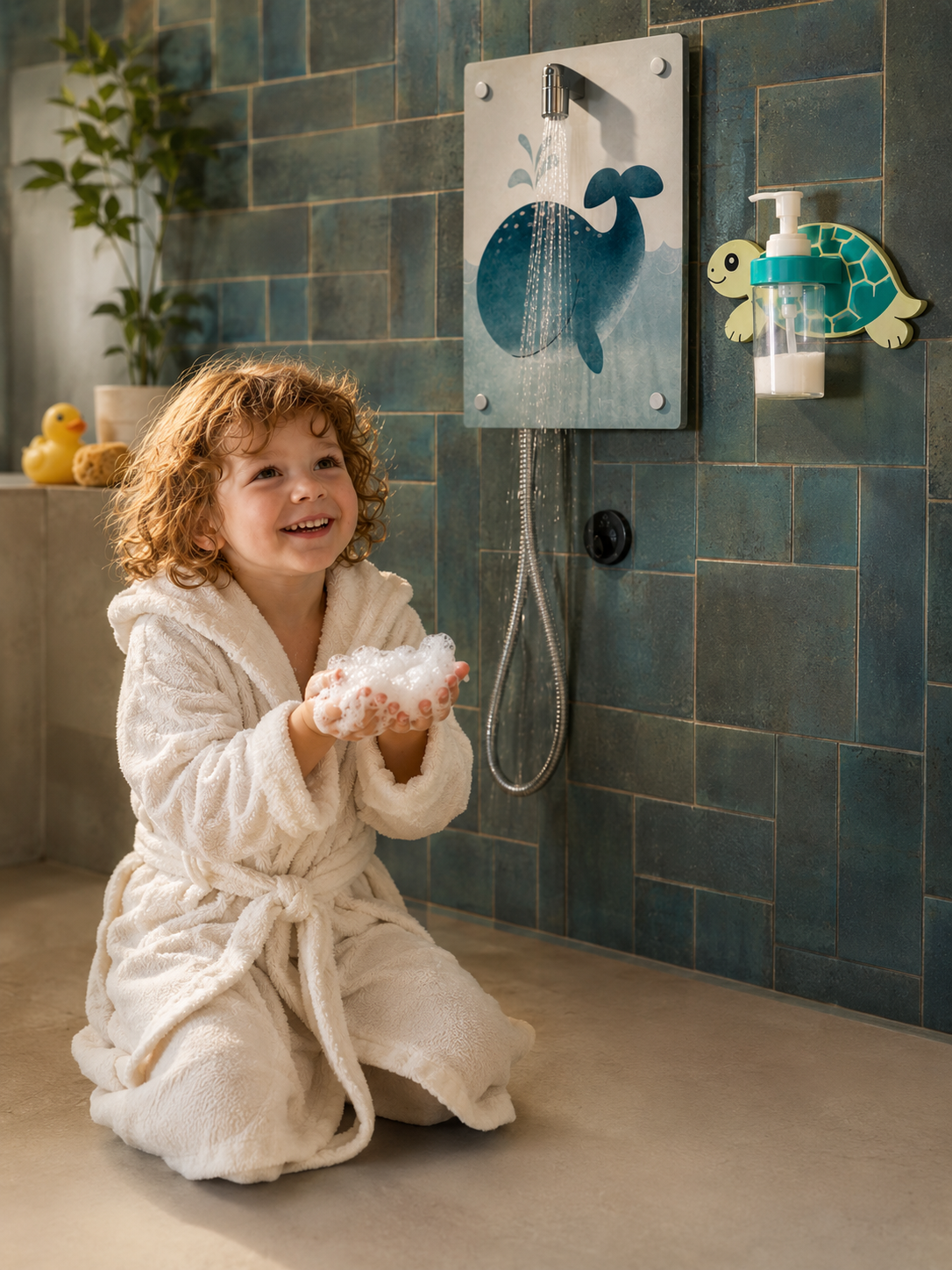 Kind mit fredis Kinderdusche und neuem Schaumspender im Badezimmer